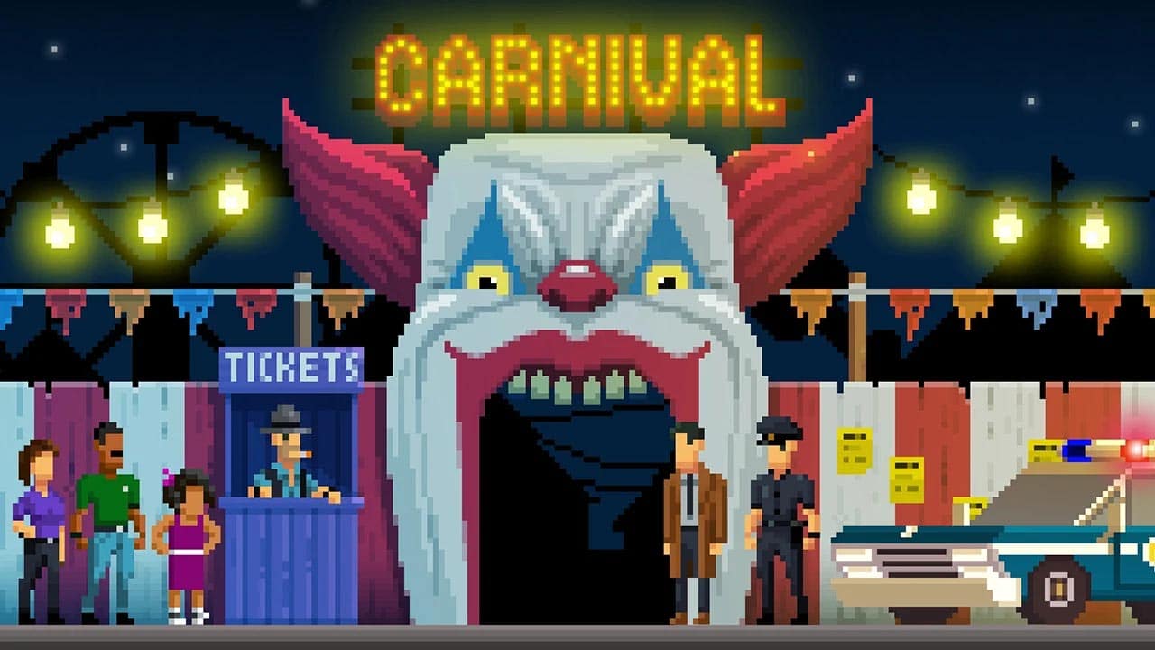 Two polic officers outside their patrol car, standing in front of a scary clown entrance at a carnival in pixel visuals