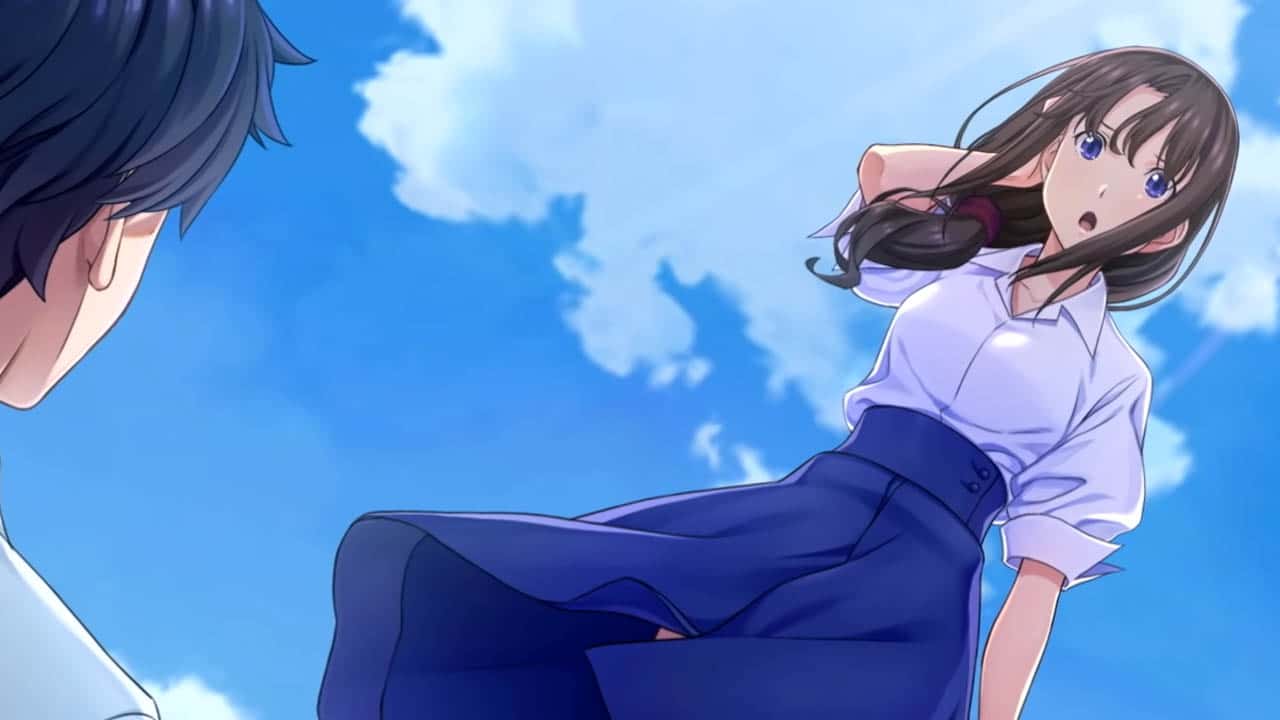 A woman holding her hair, wearing a white tucked in shirt and blue flowing dress, standing against a blue sky with clouds. She is speaking to a man that we can't see his face with his back to the lower left corner of the image