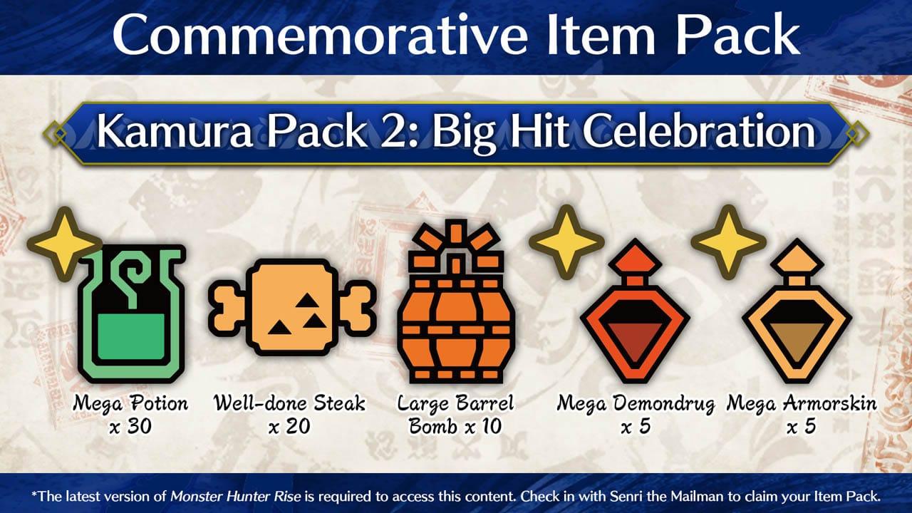 A row of Monster Hunter item icons with commemorative text above and below them against a tan background and blue furnishes