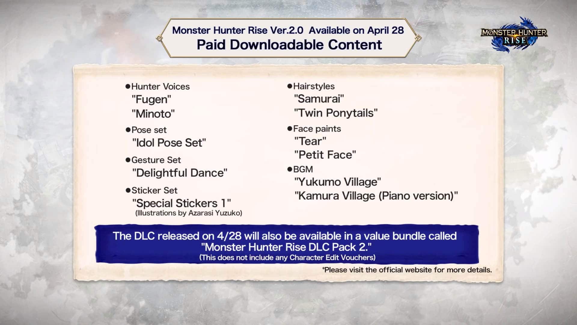 A list of new dlc being added to Monster Hunter Rise in black font against a tan background