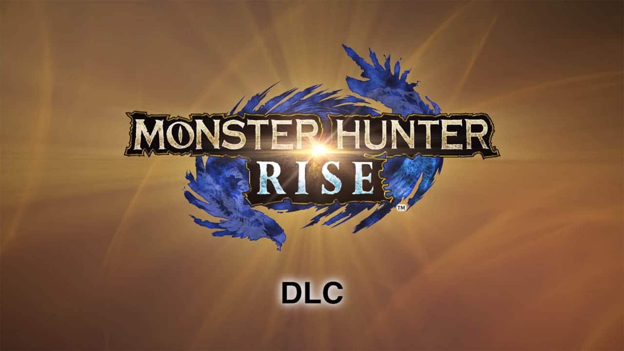 Monster Hunter Rise logo against bronze background with the word DLC below it