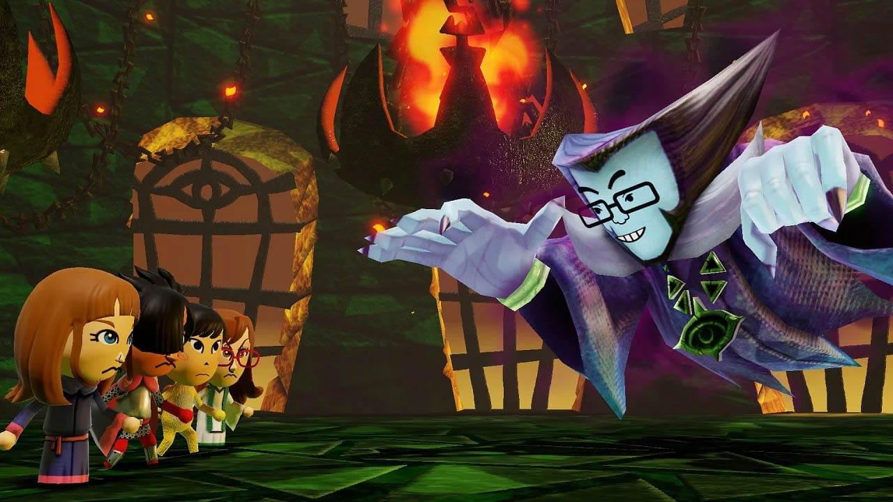 Adventures in a dungeon looking at a purple dark lord with glasses