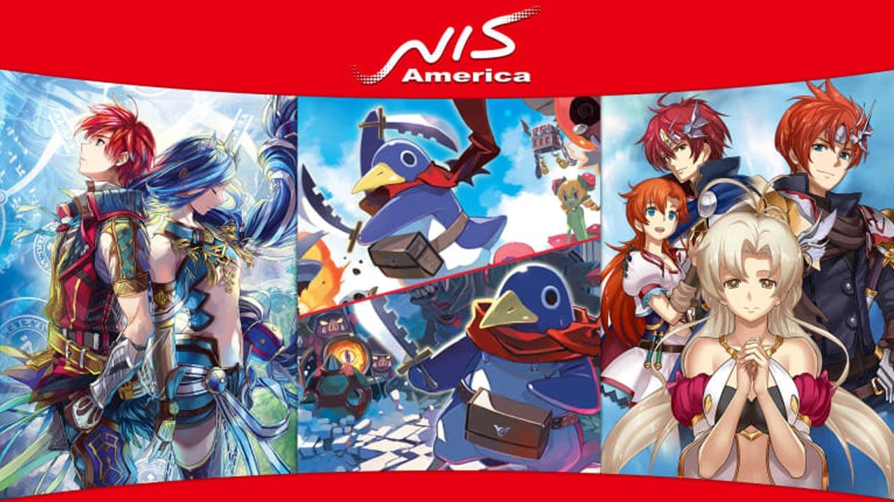 red backgorund with NIS logo at top center with images of characters from NIS gaames in the center
