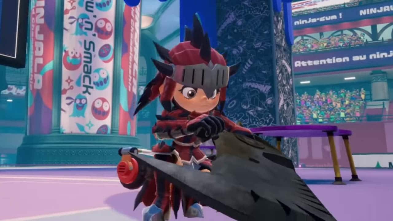 A cartoon human crouching and sharpening a blade wearing dragon red armor in a city