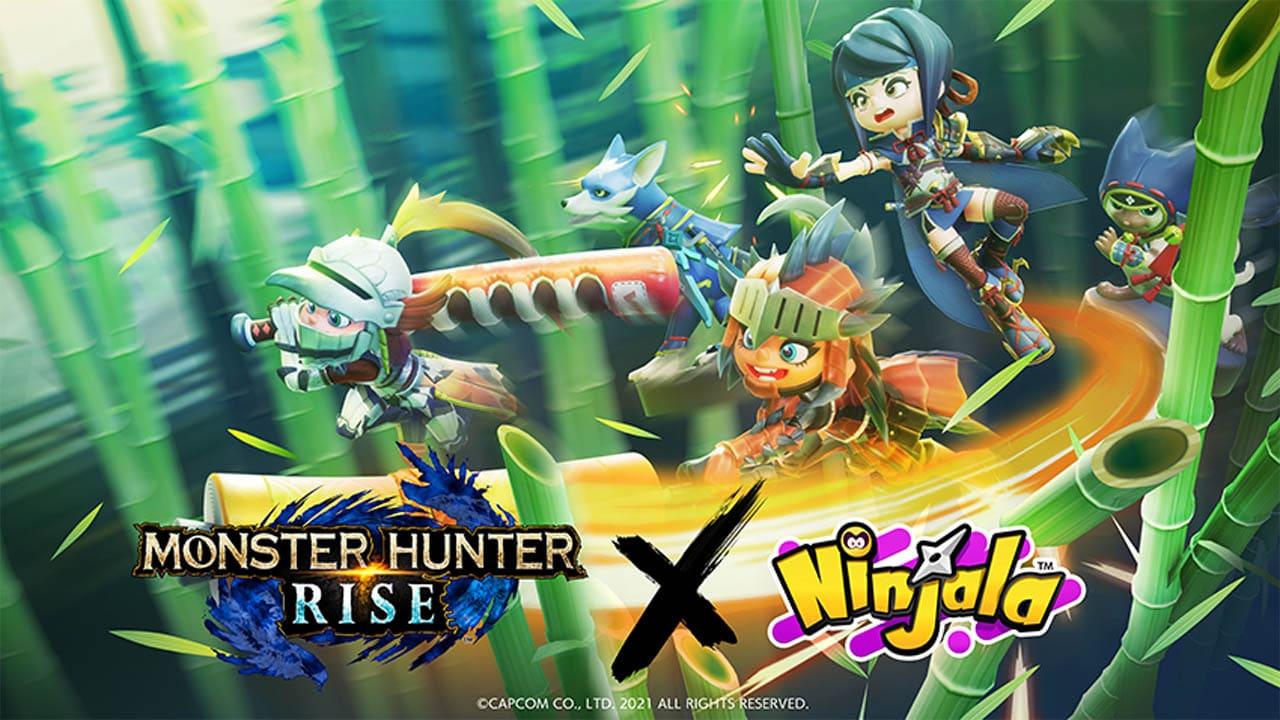 Happy cartoon people jumping through a green forest decked out in armor with the Monster Hunter Rise and Ninjala logos below them