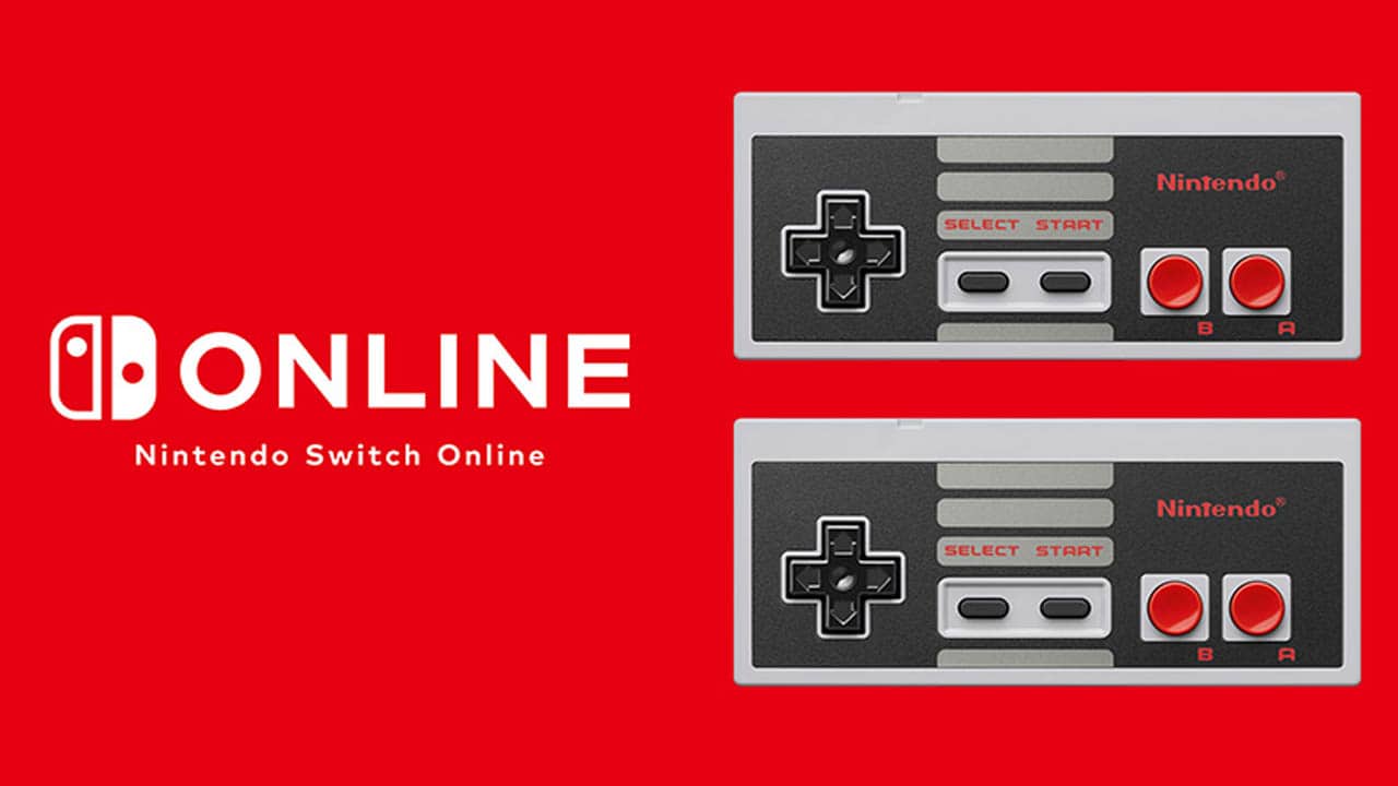 Nes controllers on red background with Switch logo and the word "online" next to it
