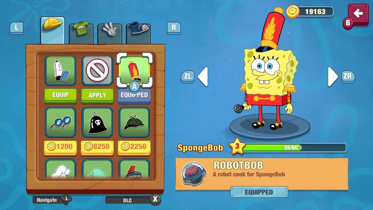 SpongeBob in a red outfit and hat standing next to outfit options