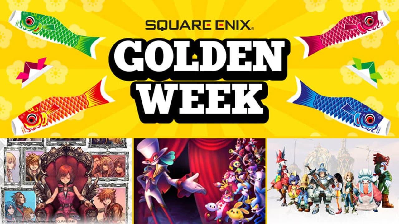 Golden Week words above screenshots of various Square ENix games on sale with fish above the images
