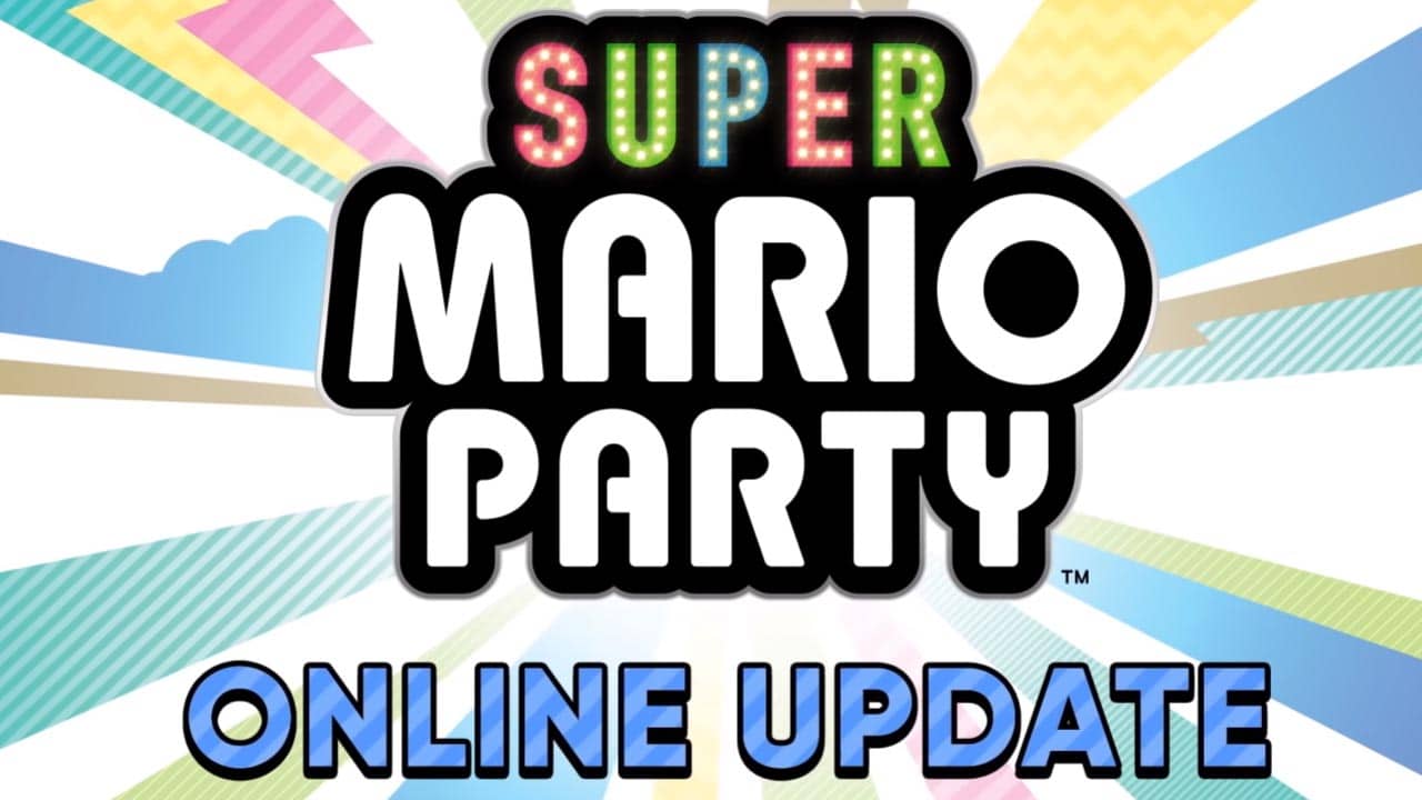 Super Mario Party logo with the words online update below it against rainbow colors