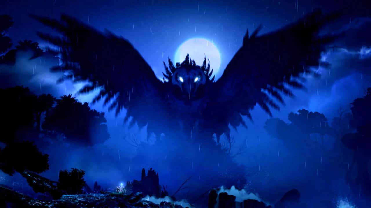 A giant blackbird in front of a full moon in a dark, blue landscape