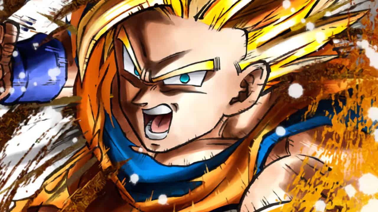 Anime character Goku with gold hair, angry, charging at the viewer with flames around him