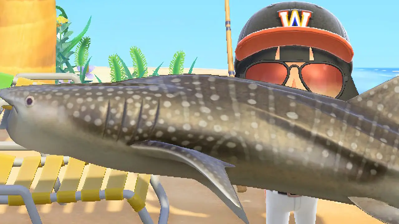 person holding a giant fish on beach_animal crossing new horizons screenshot ct