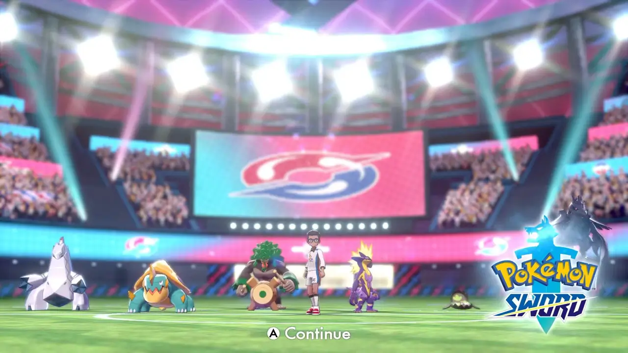 pokemon stadium with boy and his Pokemon on green field