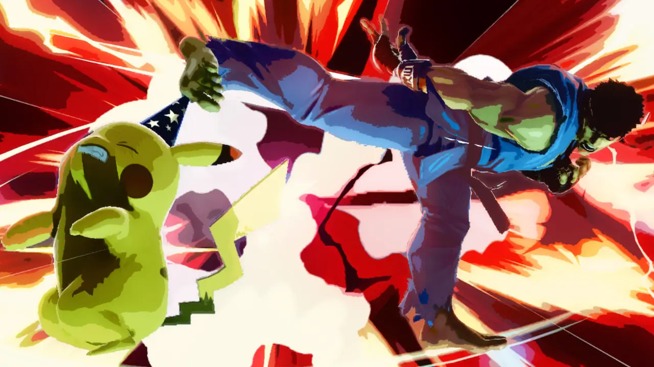 ryu kicking pikachu with explosion behind them