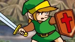 link holding a shield and sword in front of mountain range