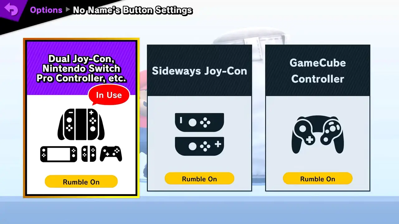 in game control method screen with three control options for super smash bros ultimate