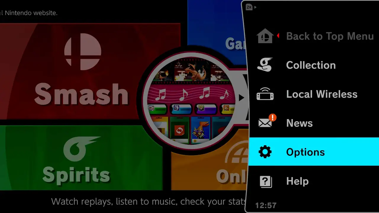super smash bros settings screen with options menu selected