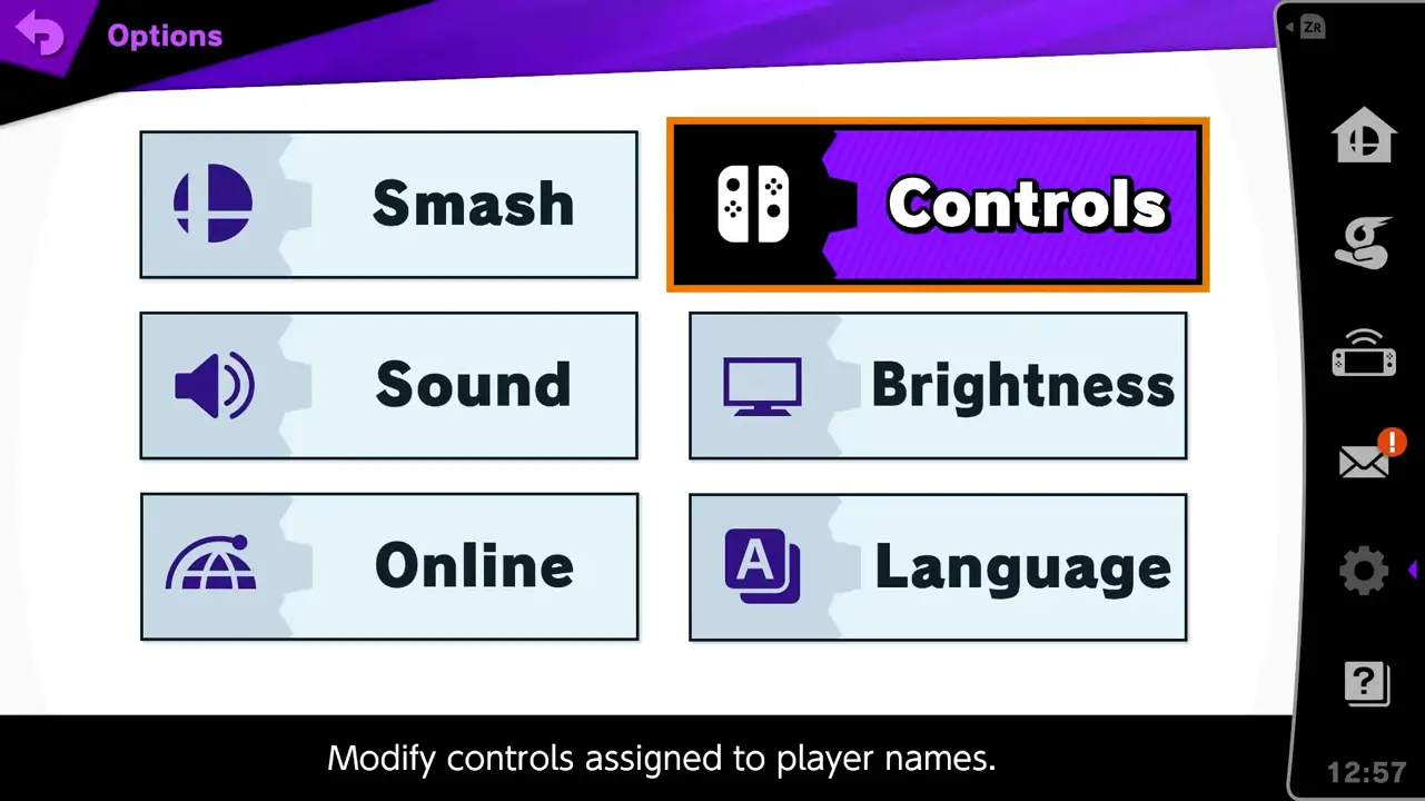 super smash bros options screen with controls option selected