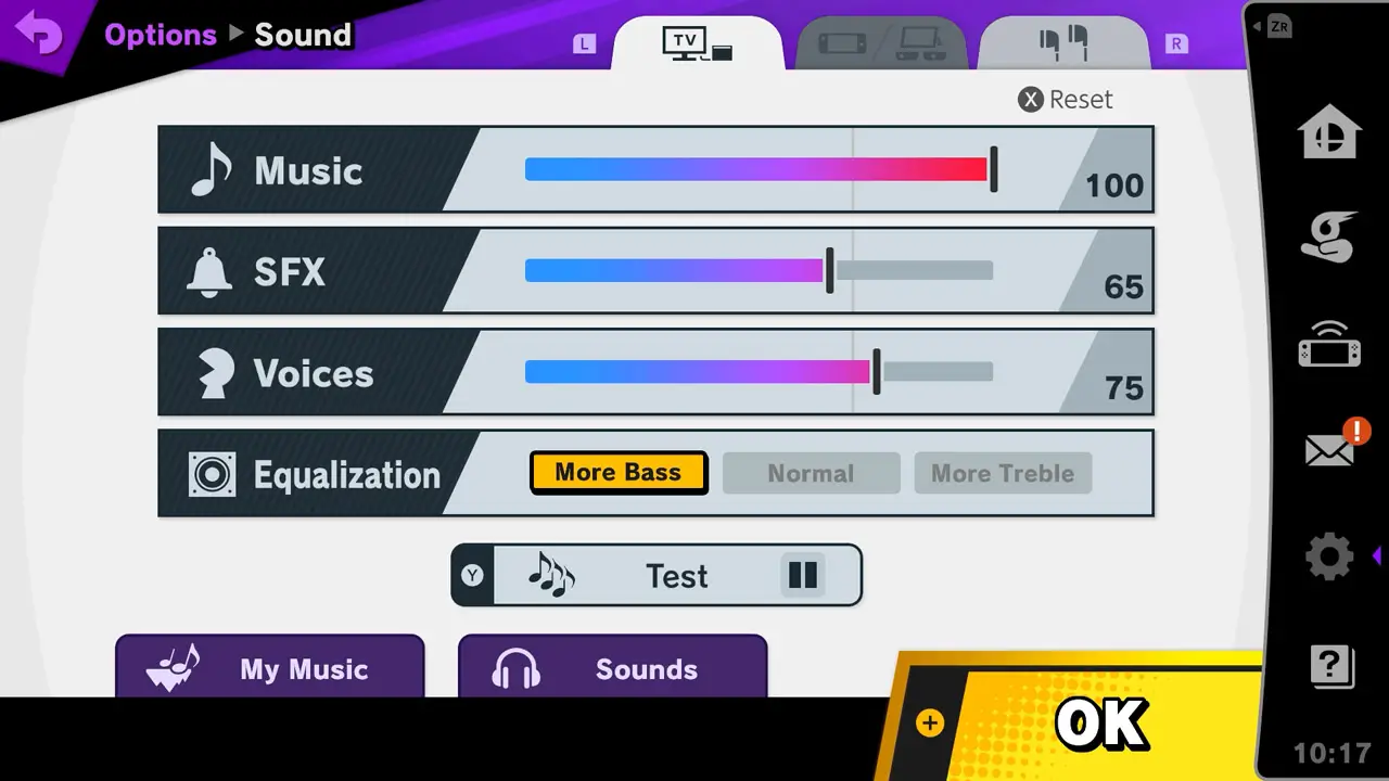 Super Smash Bros. Ultimate's sounds settings menu