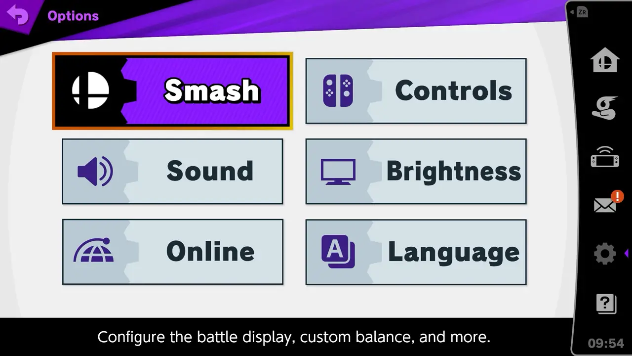 Super Smash Bros. Ultimate's options menu