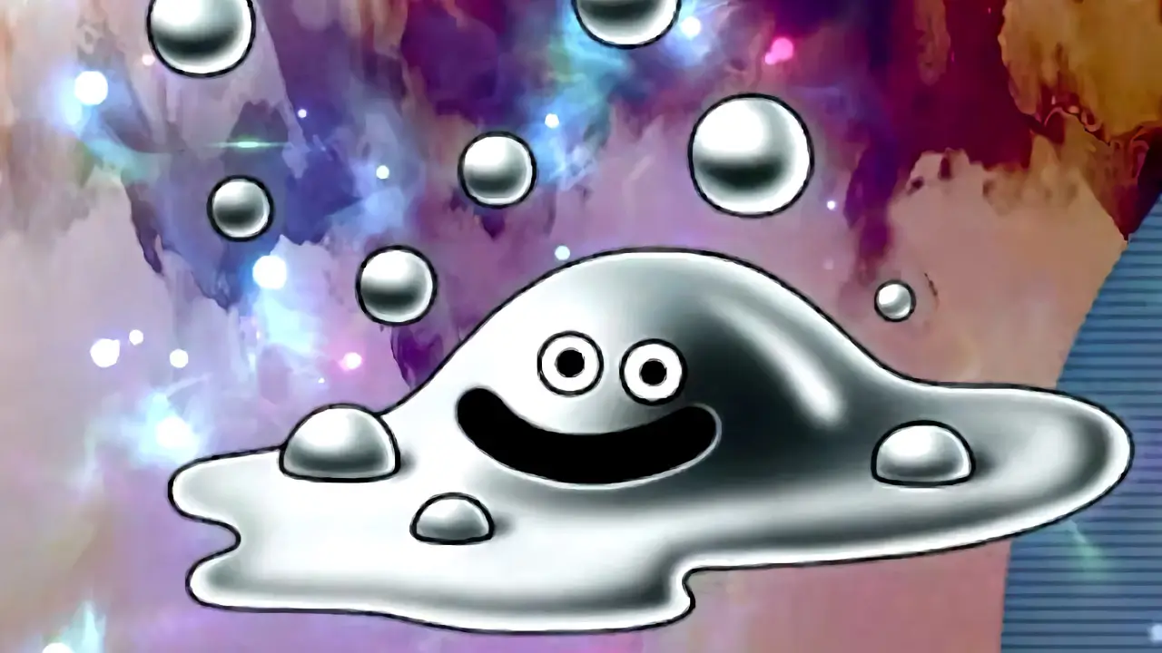 a close up of the metal slime from dragon quest