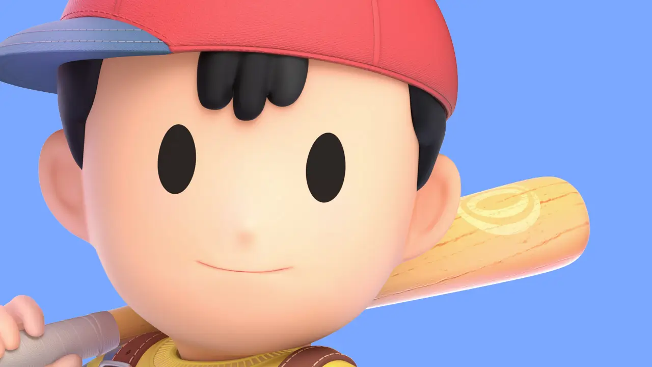 a close up of ness from earthbound smiling holding a baseball bat