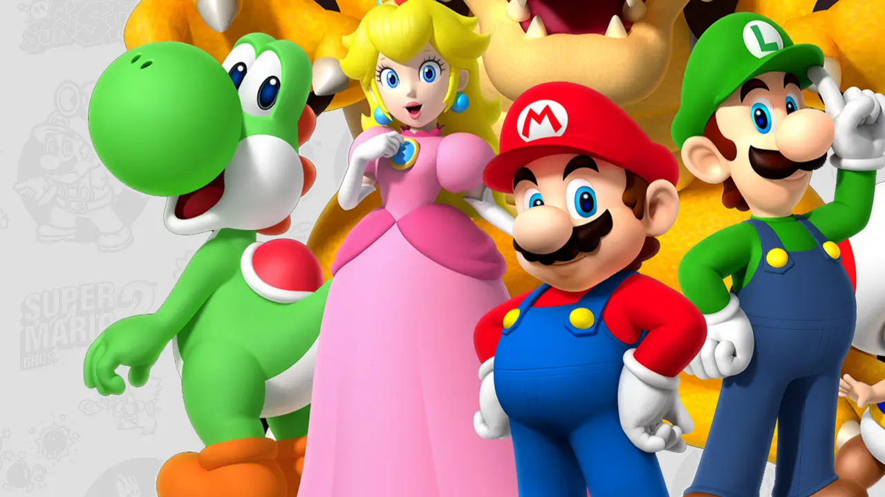 Super Mario Bros characters standing together, including Mario, Luigi, Princess Peach, and Toad.