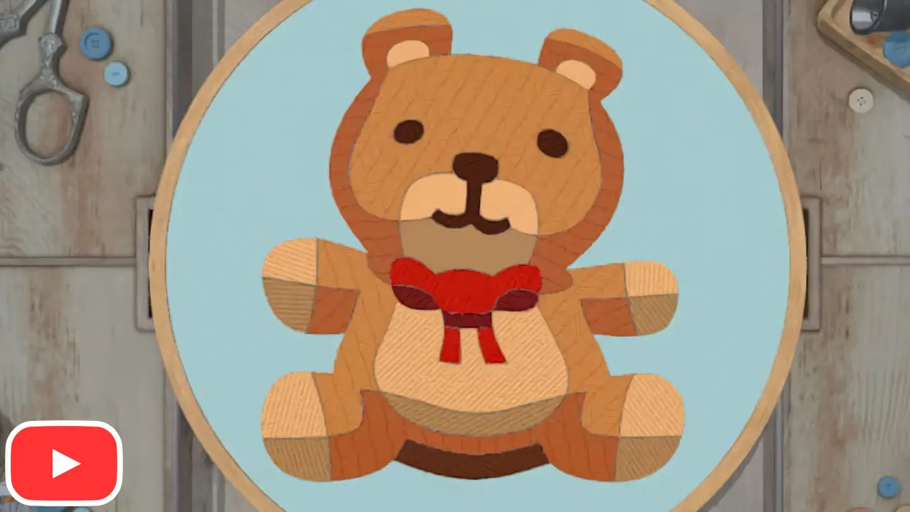 A wooden bear with a red bow on it, captured in a screenshot from the game Stitch. on Nintendo Switch.