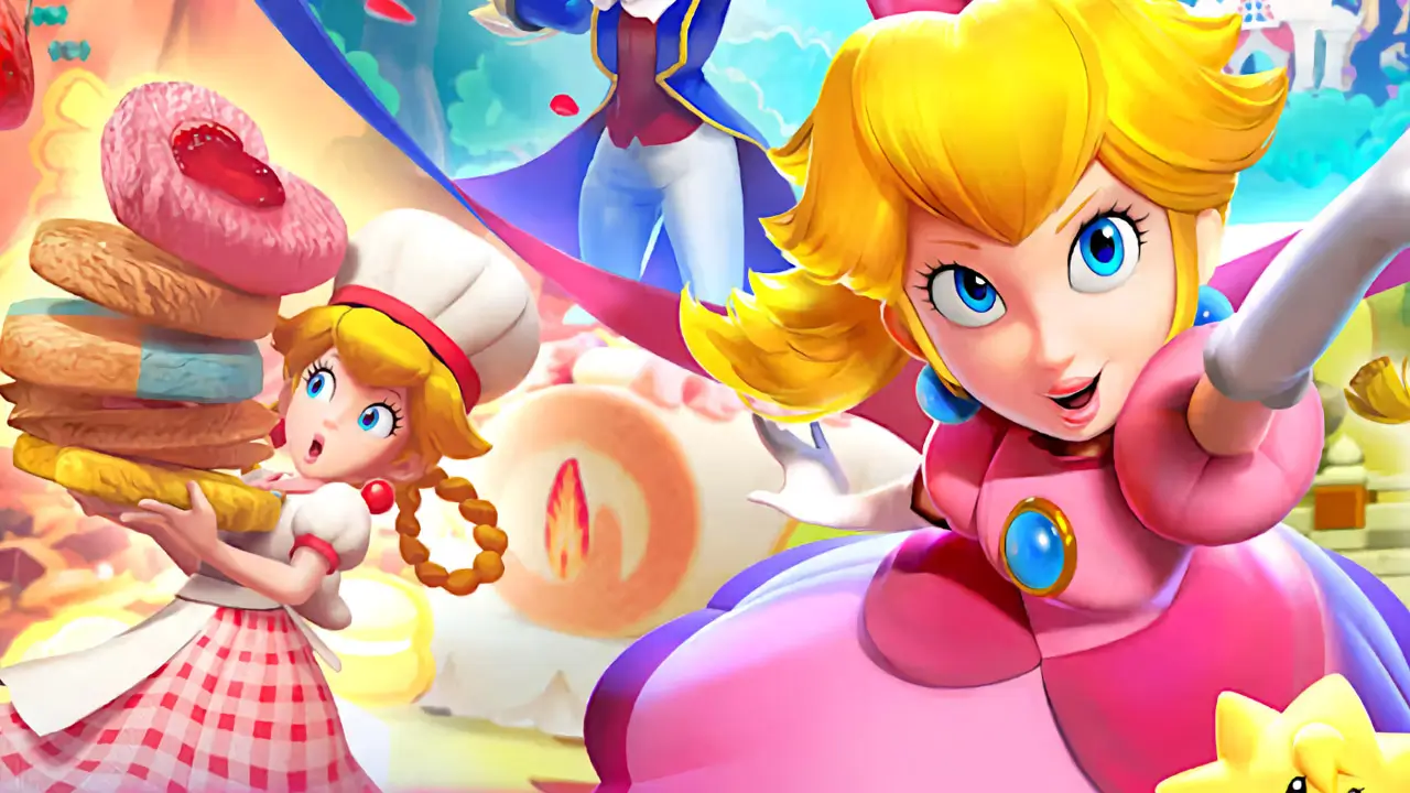 princess peach showtime art of peach as a baker holding a cake and peach looking happy in her pink dress