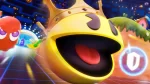 pac-man with a crown being chased by a ghost while trying to eat a pellet