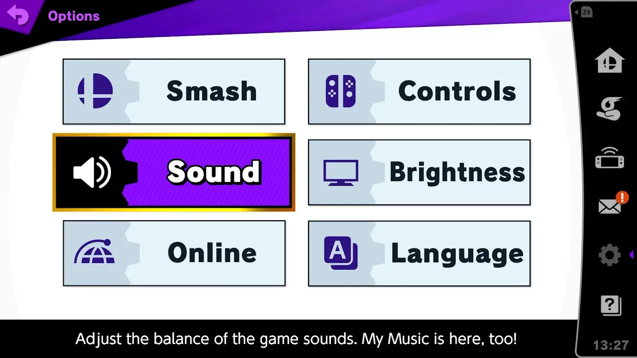 options select screen; sound is selected