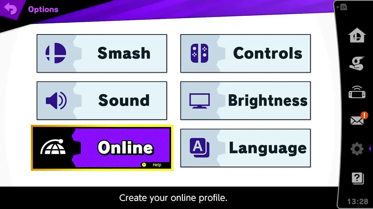 options select screen; online is selected