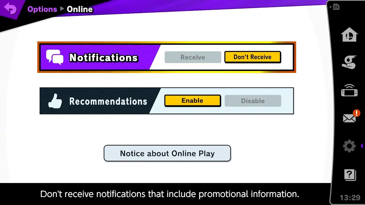 notifications settings with multiple options such as notifications receive/don't receive and recommendations enable/disable