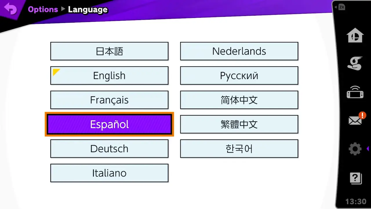 language select screen with 11 language options; Espanol selected