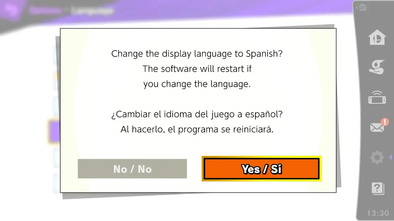 language settings confirmation screen in English/Spanish