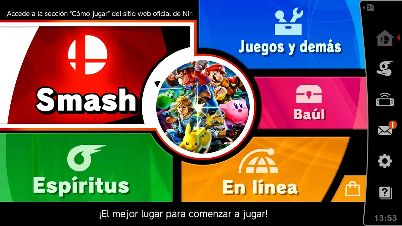 super smash bros ultimate home screen with bright colors and large menu buttons