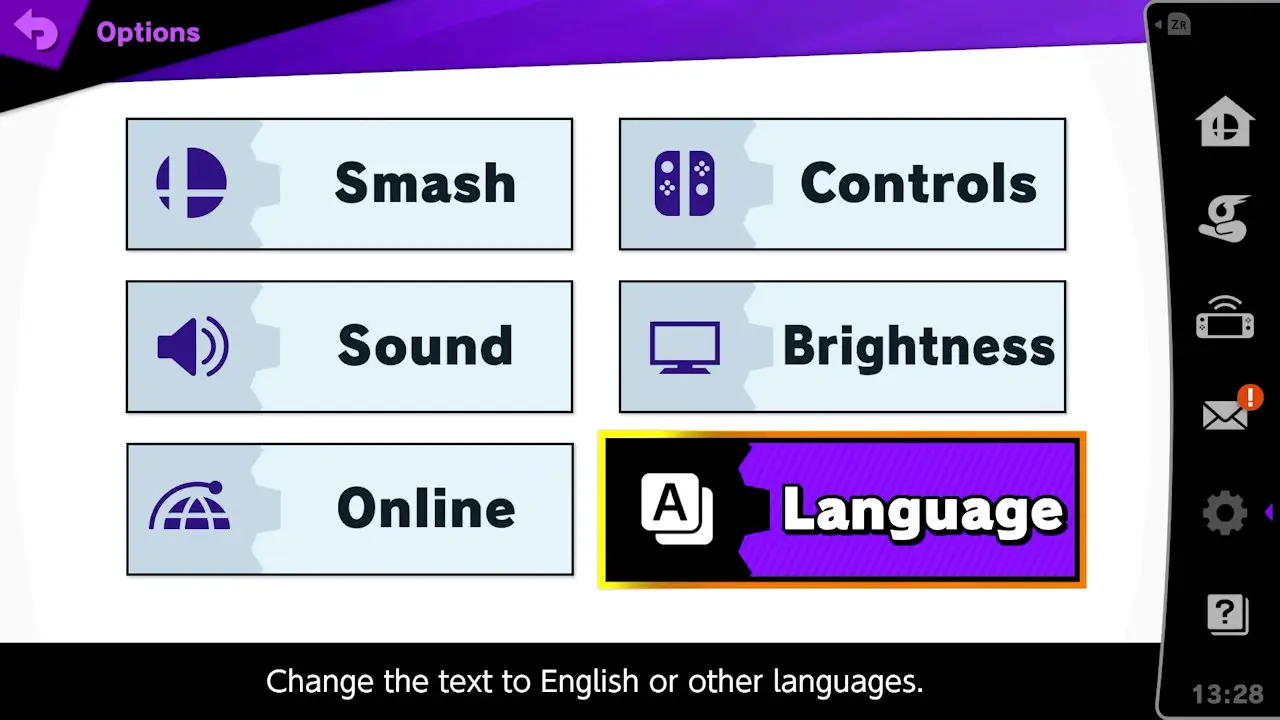 options select screen; language is selected