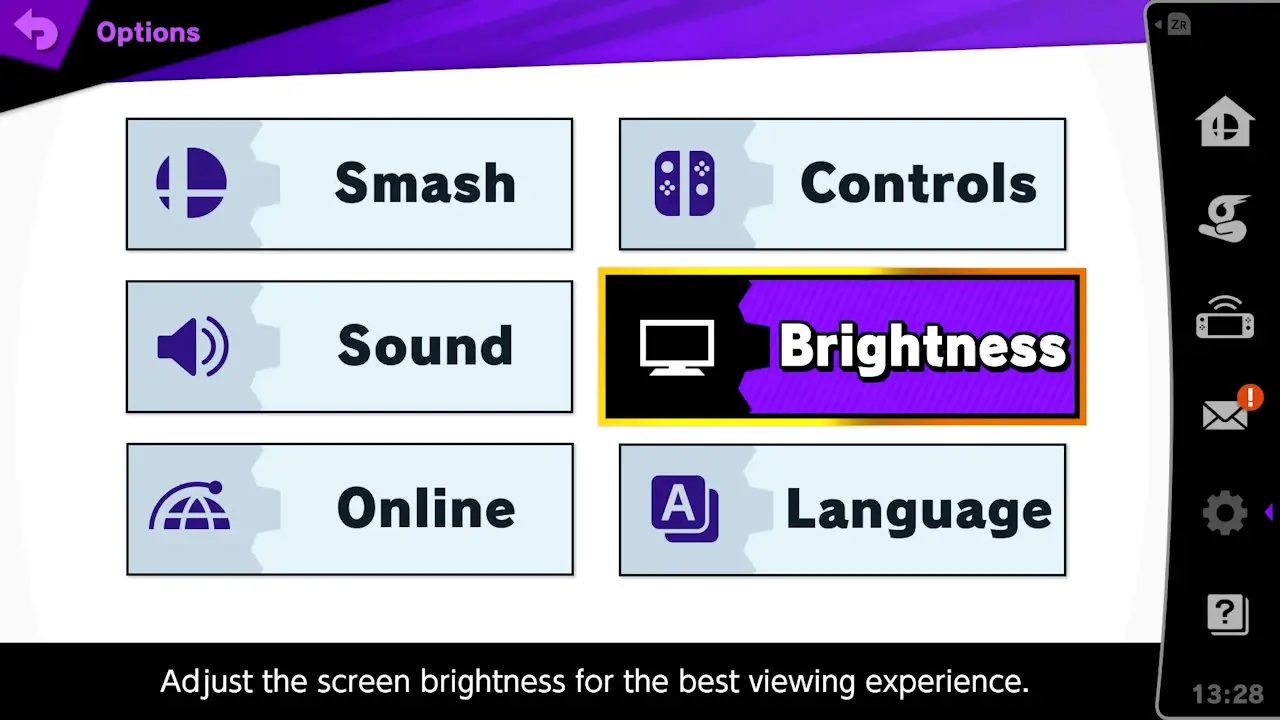 options select screen; brightness is selected