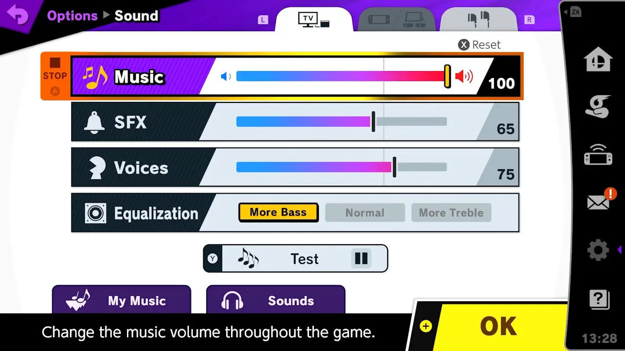 volume adjust screen with volume sliders for music, sound effects, and voices with additional options