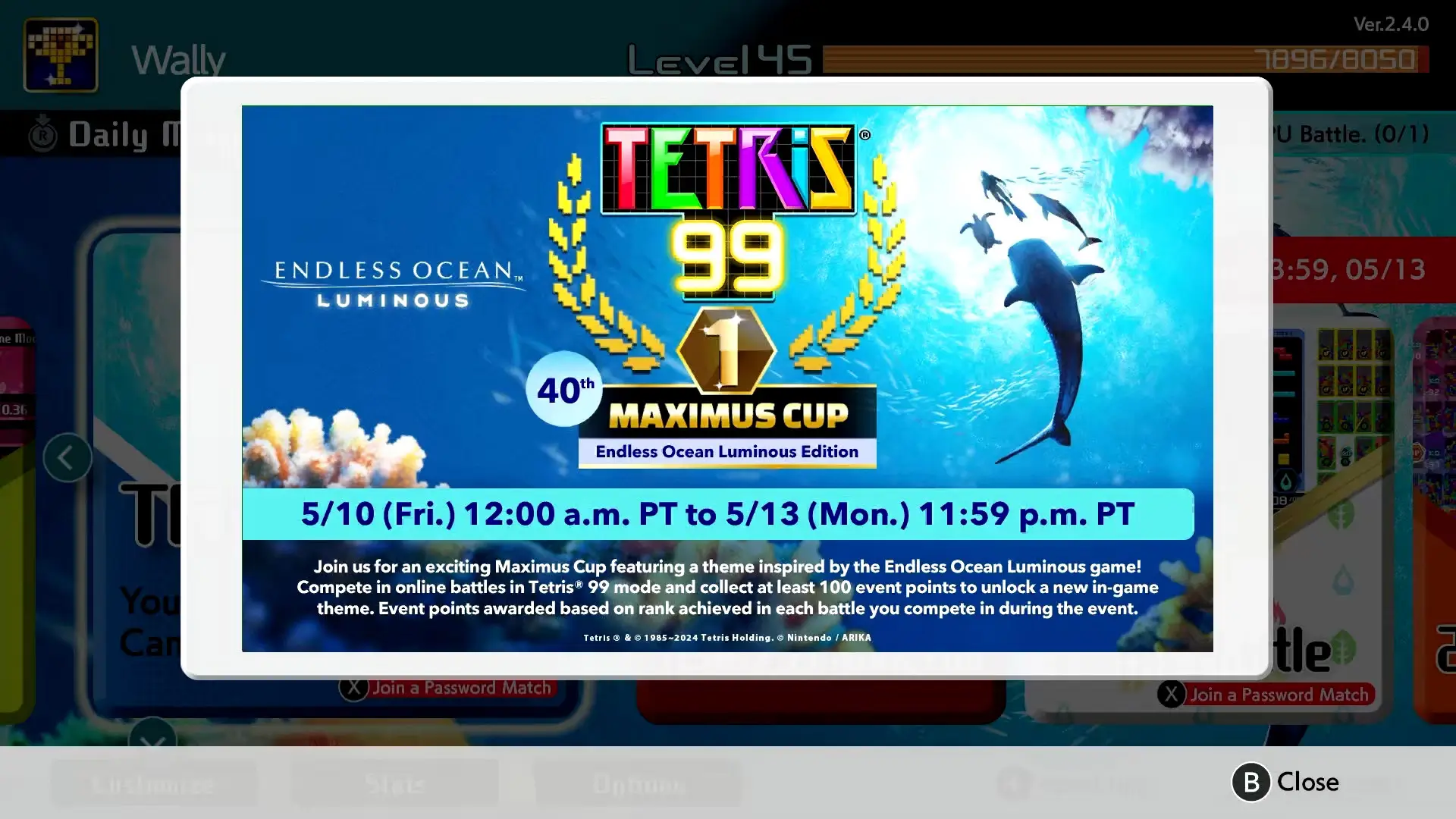 tetris 99 endless ocean theme event screen