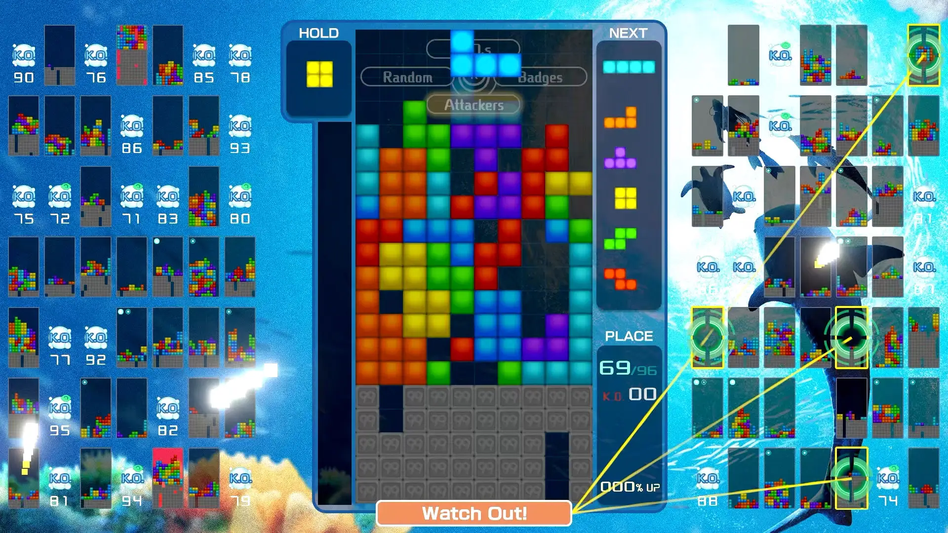 a game of tetris; tetris blocks of color falling in a column range