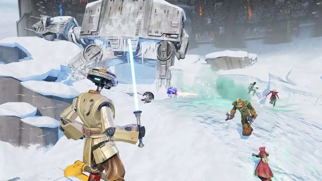 robot with light saber and other characters on snow battlefield