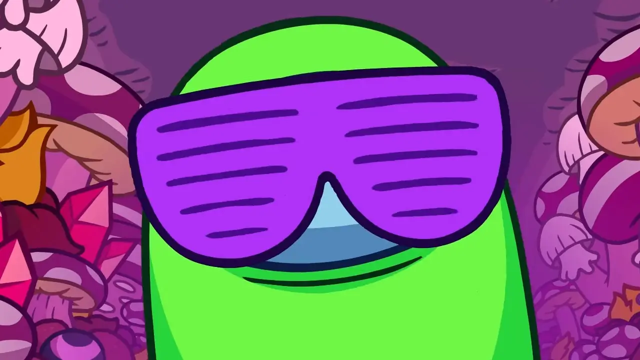 green alien dude with purple sunglasses in mushroom land