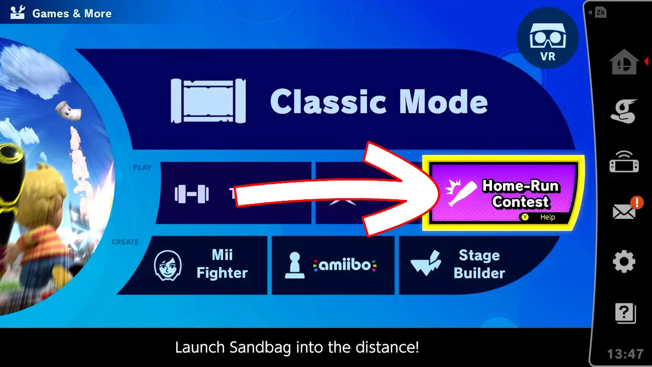 games and more menu with arrow pointing at home-run contest mode