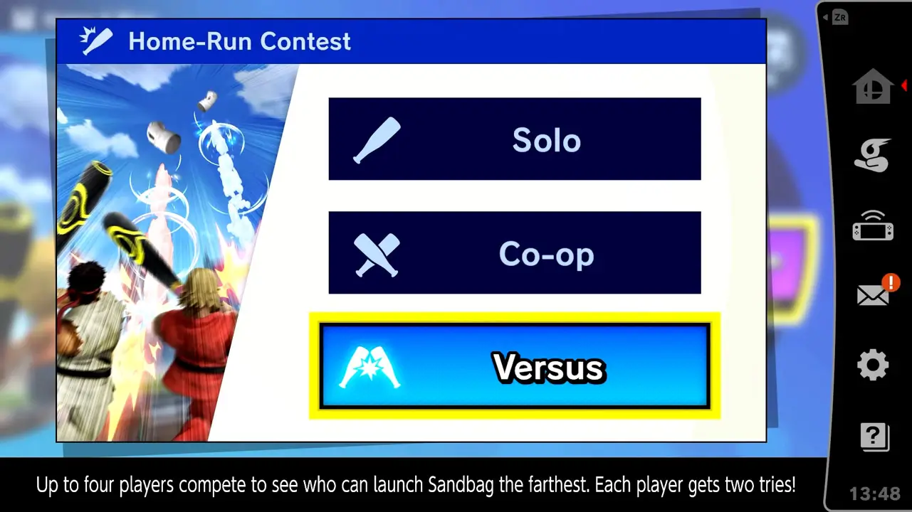 home-run contest player and mode select screen