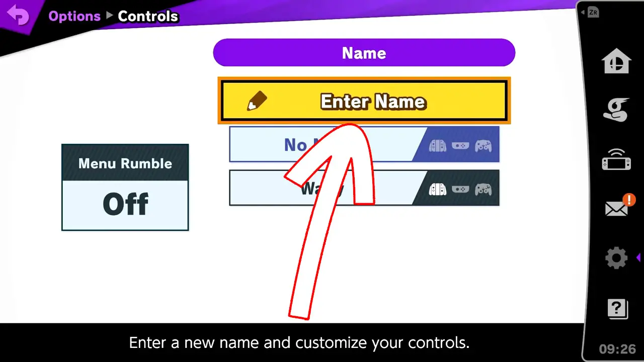 options controls name entry menu with arrow pointing at enter name option