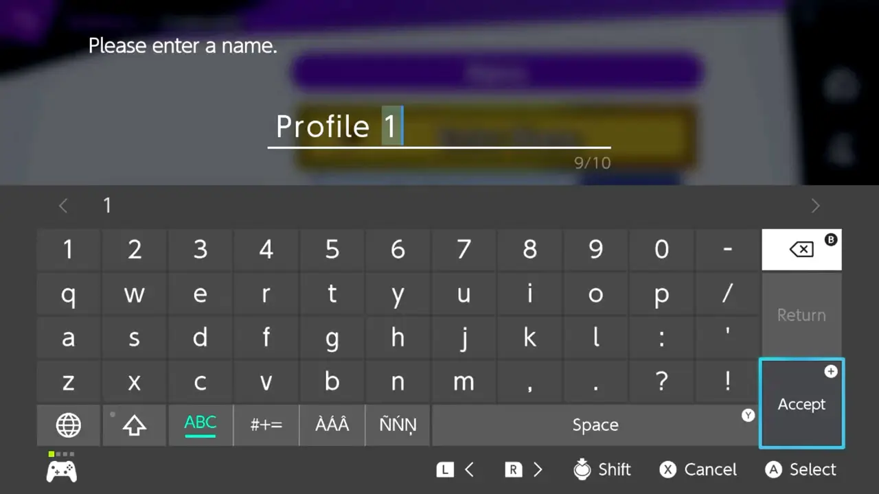 on-screen keyboard name entry screen