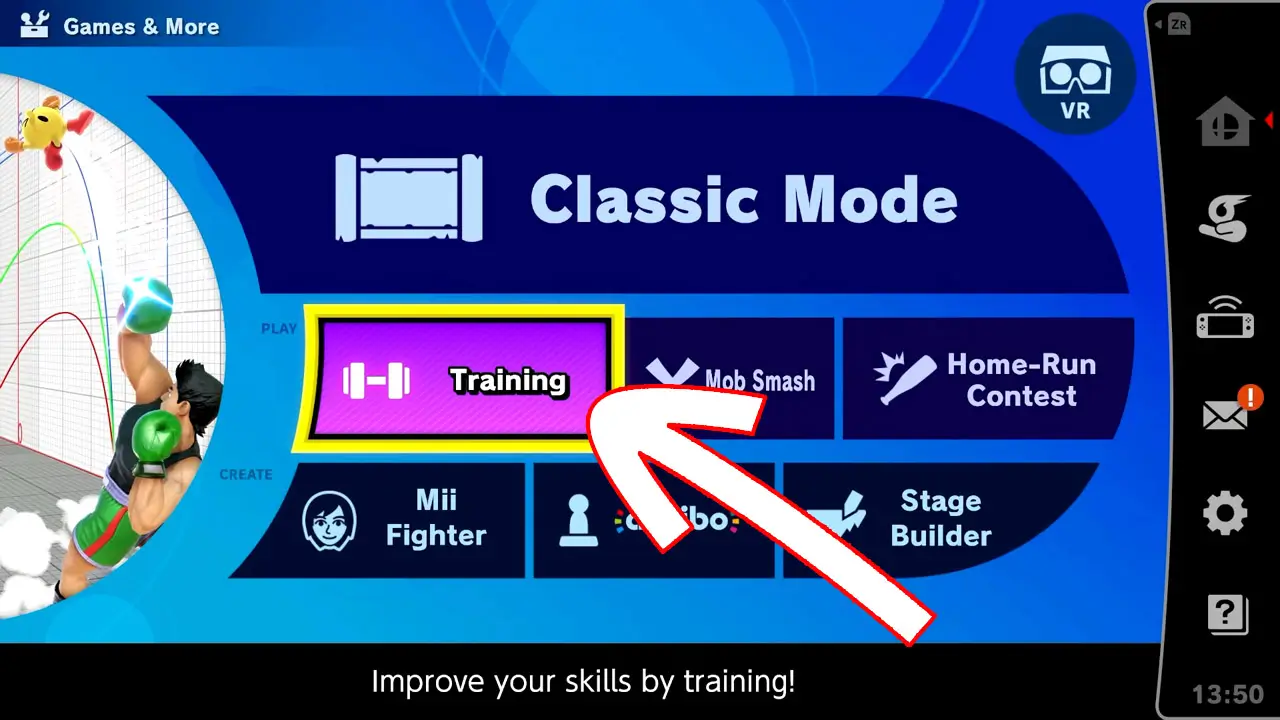 games and more menu screen with arrow pointing at "Training" option