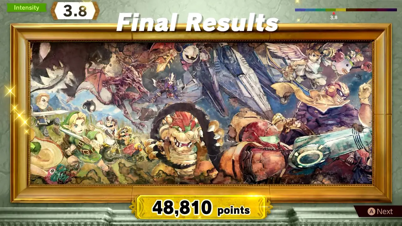 final results classic mode mural screen with points earned beneath a painted mural of smash bros characters