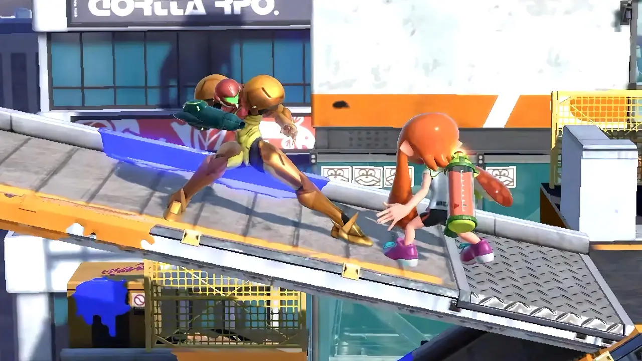 samus and inkling battling on inkling stage close up